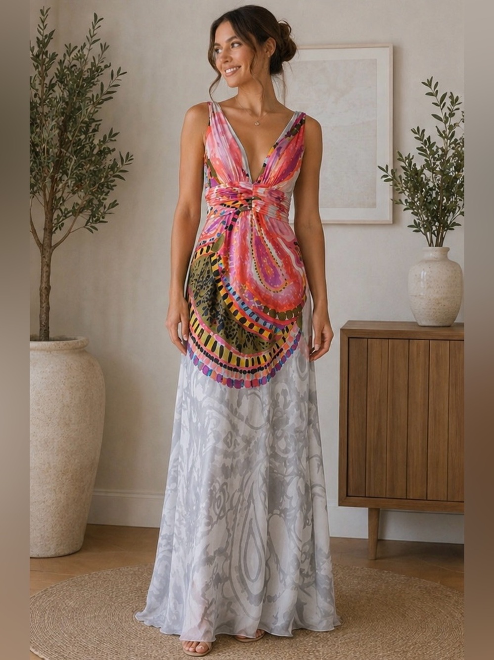 Kay Unger Pink & White Printed Sleeveless Maxi Dress